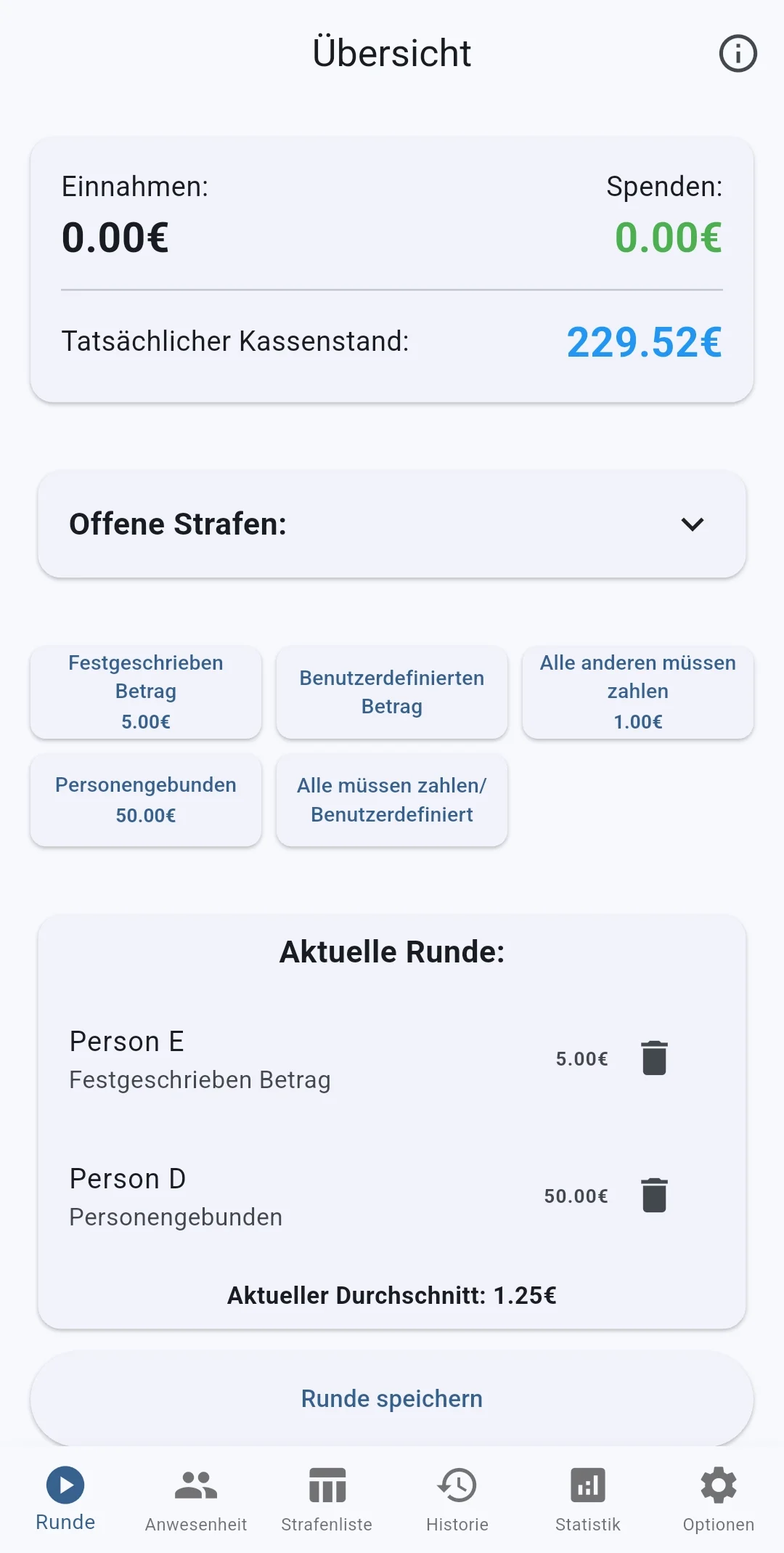 SchockClub-Rundenansicht mit Clubkasse, Strafen und der Schaltfläche Runde speichern